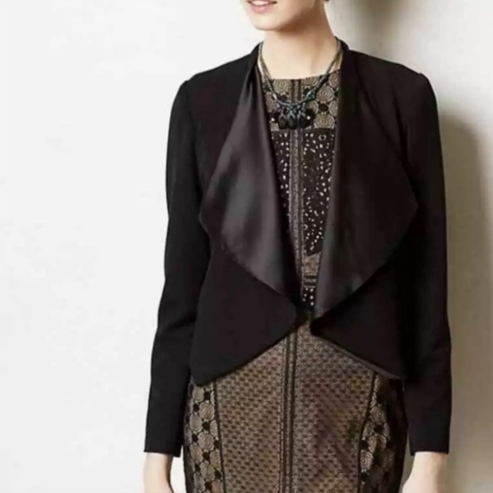 Anthropologie Elevenses Cropped Tuxedo Jacket XS Satin Drape Front